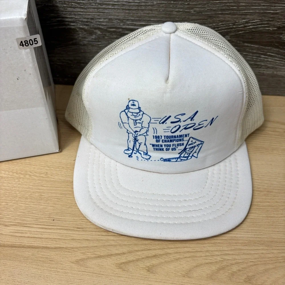 Vintage US Open Hat Cap‎ Snapback White Trucker 1987 When You Flush Adjustable